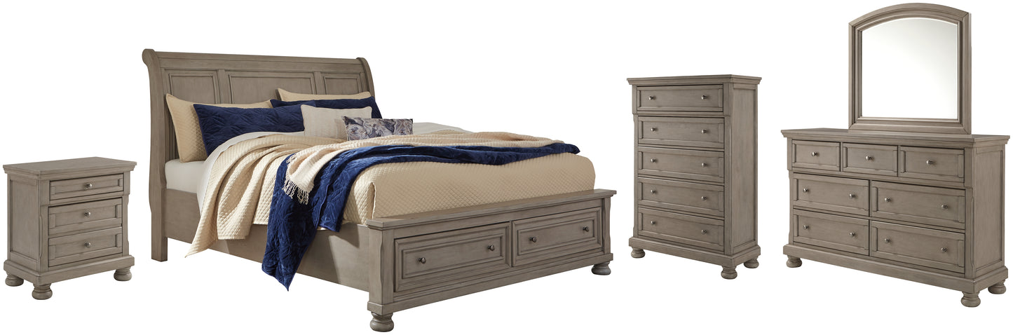 Lettner King Sleigh Bed with 2 Storage Drawers with Mirrored Dresser, Chest and Nightstand