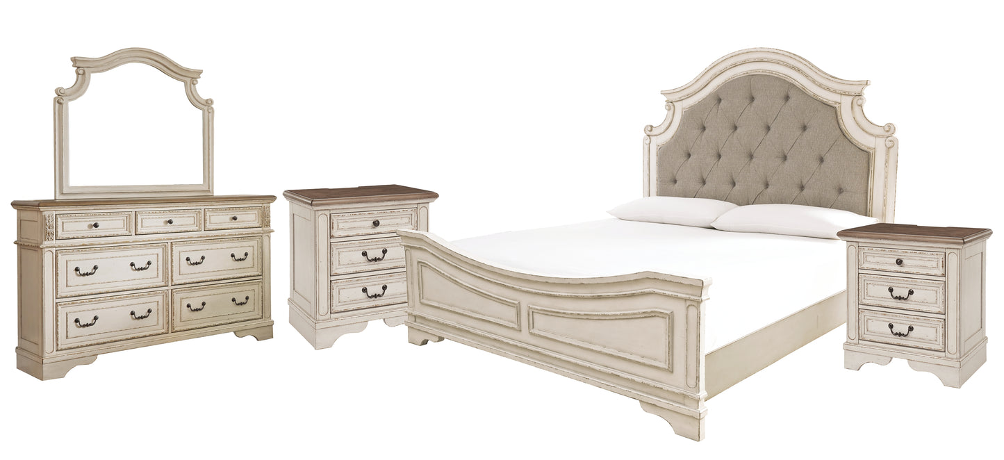 Realyn California King Upholstered Panel Bed with Mirrored Dresser and 2 Nightstands